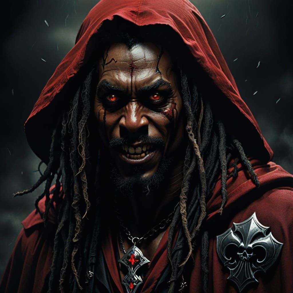 muscular black dreadlock rasta man as a vampire ina red cape...