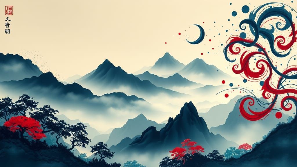 Misty Mountain Landscape with Ink Splatters