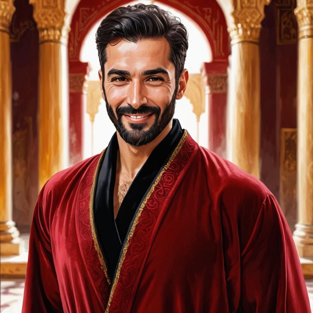 Elegant Turkish Man in Red Velvet Bathrobe