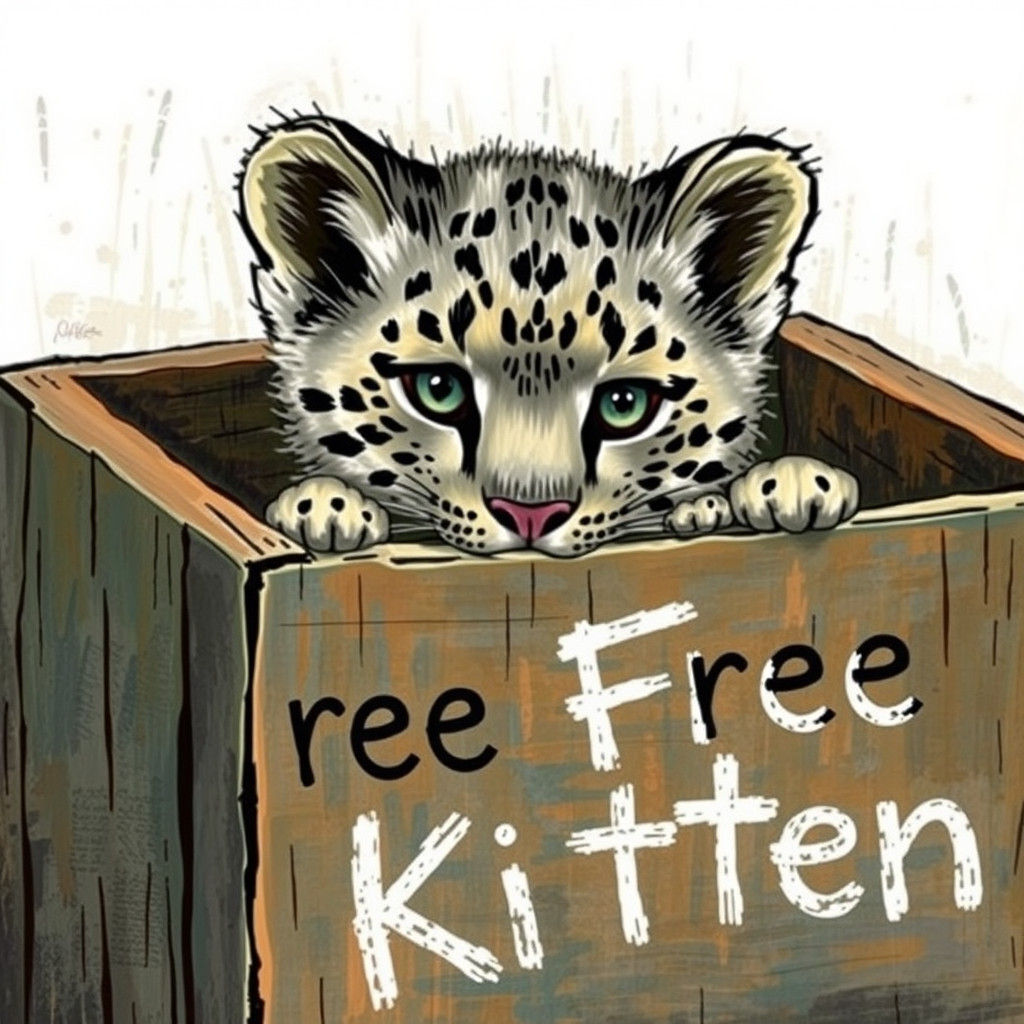 Snow Leopard Peeking from 'Free Kitten' Box