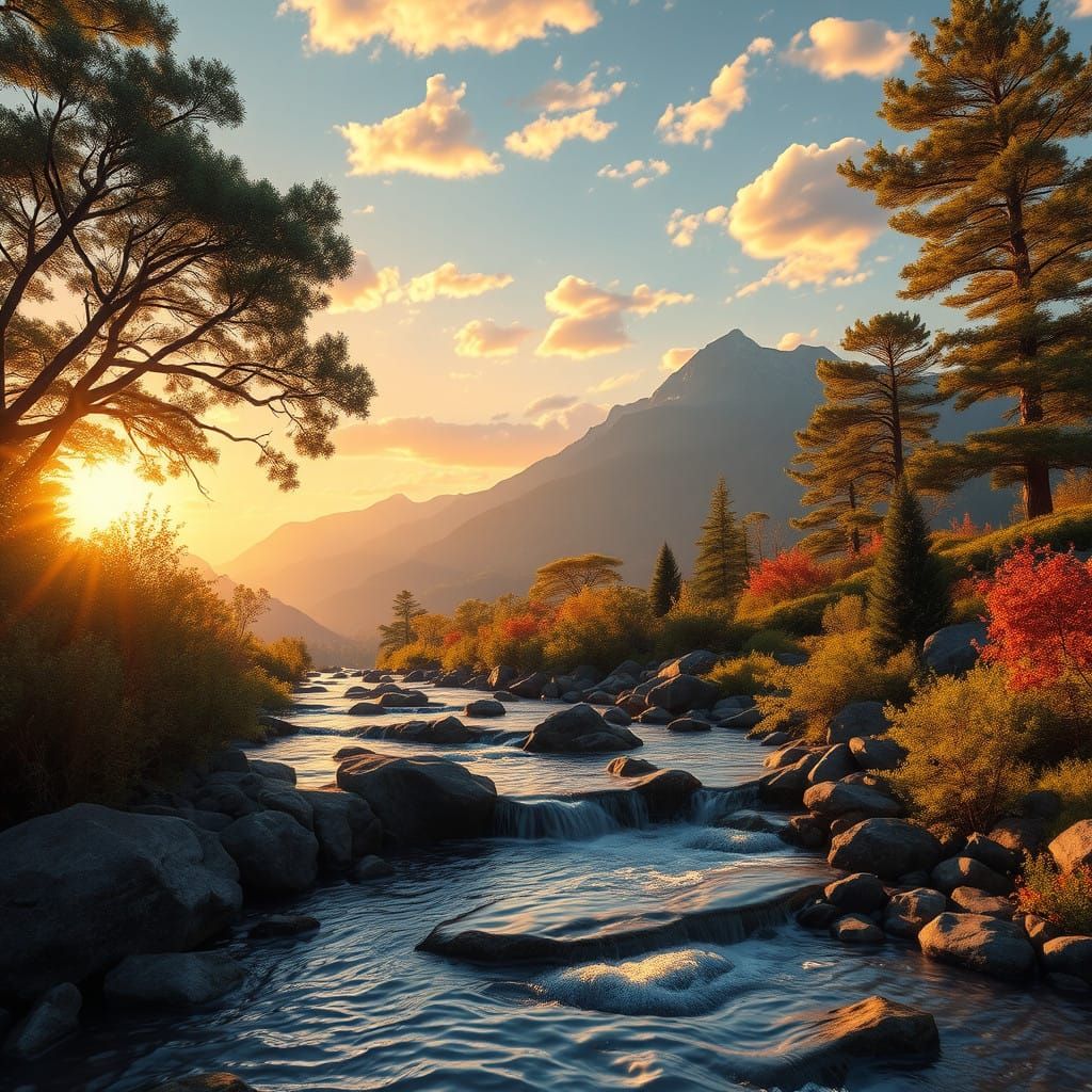 Mountain Stream at Sunset in a Fantastical Landscape