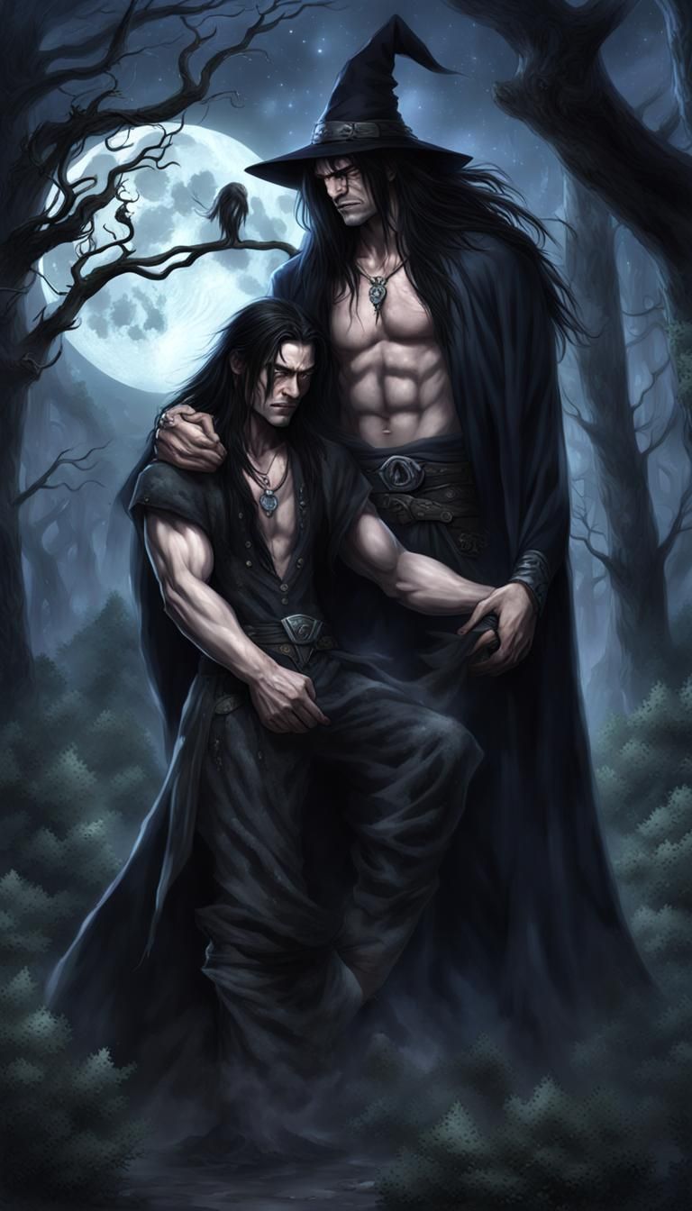 Two Male Witches Embracing in Moonlit Forest