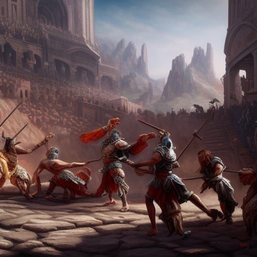 Gladiators Clash in Detailed Fantasy Art