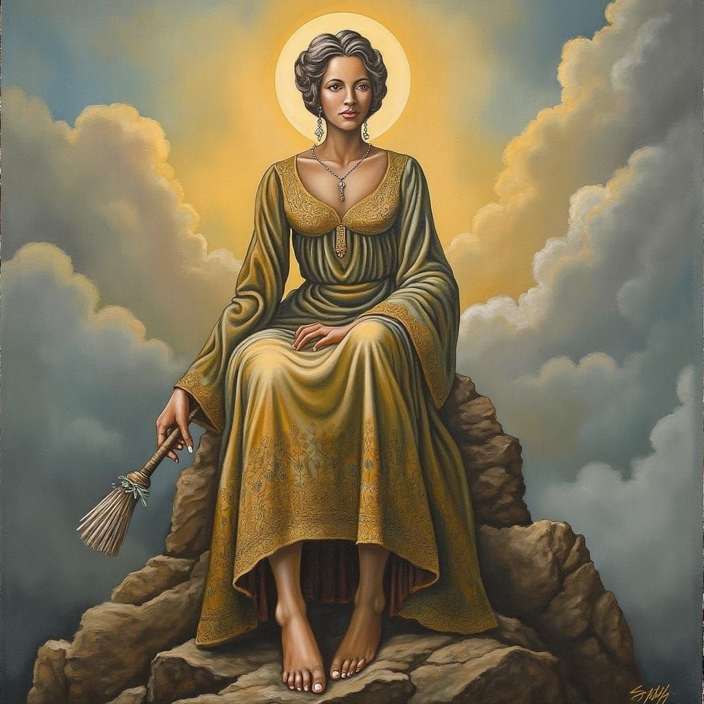 Regal Woman on Mountain Peak in Ethereal Light