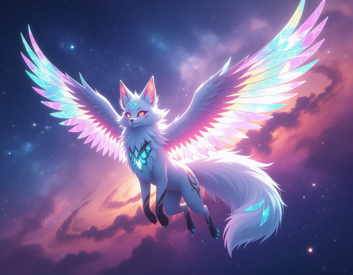 Celestial Kitsune Soaring Through Nebula in Anime Style