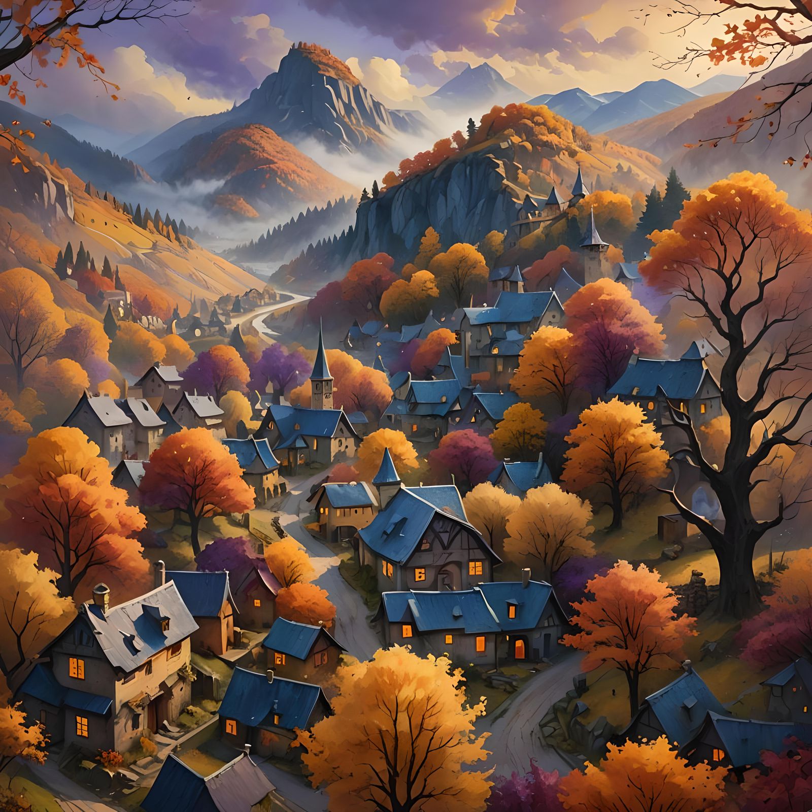 Autumn Village Fantasy Concept Art in Deep Color