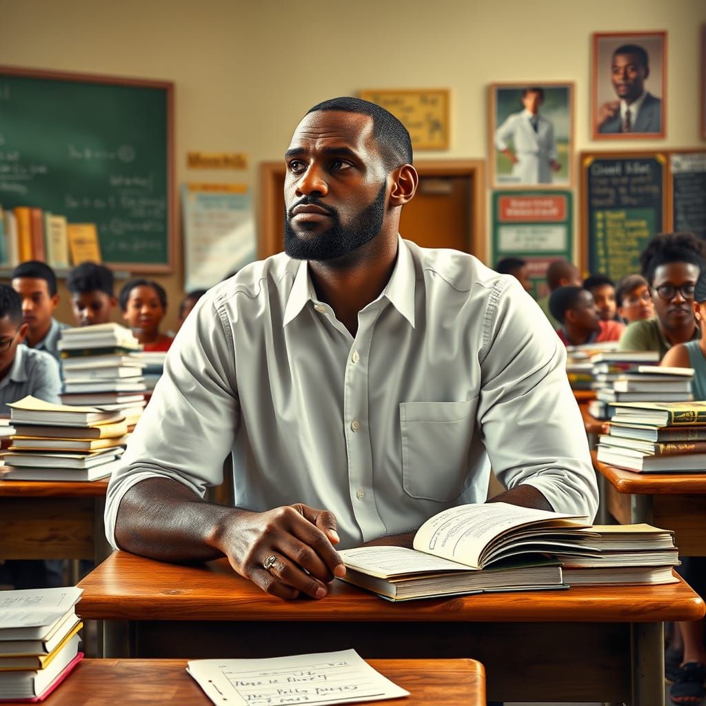 Lebron James in a Plaid Skirt Studying in a Cozy High School...