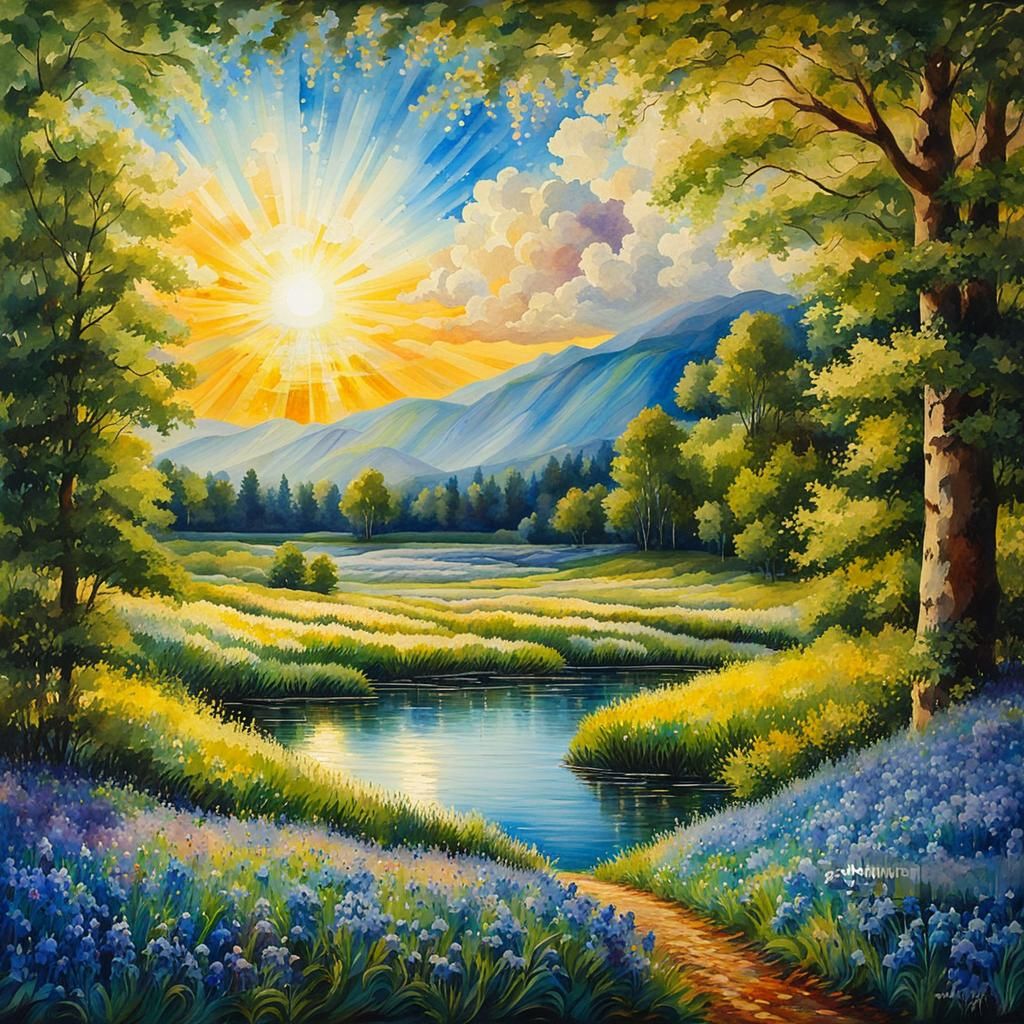 Lush Meadow Landscape in Oil, Watercolor, and Ink