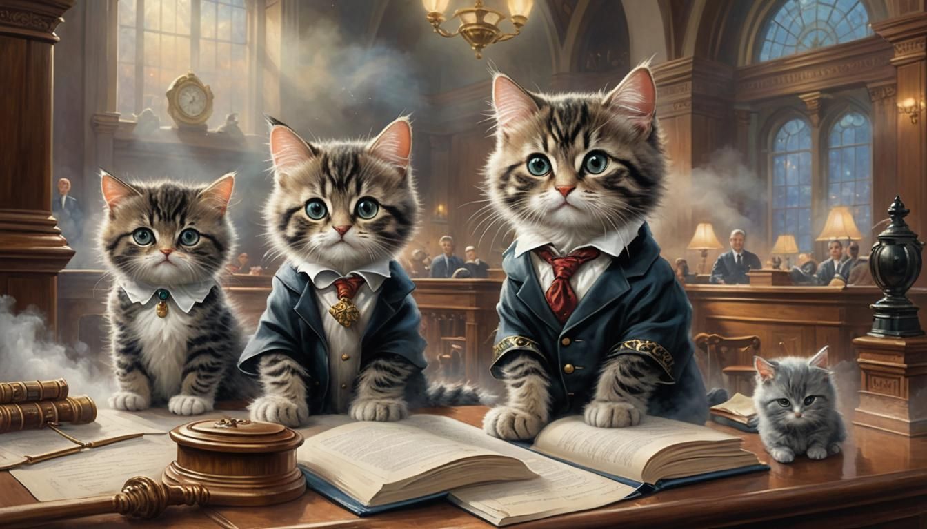 Kittens in Courtroom: An Ethereal Fantasy Scene