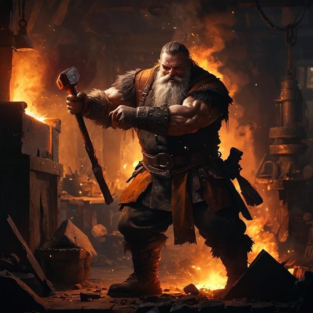 Glowing Dwarven Hammer in Red Hot Light of the Forge