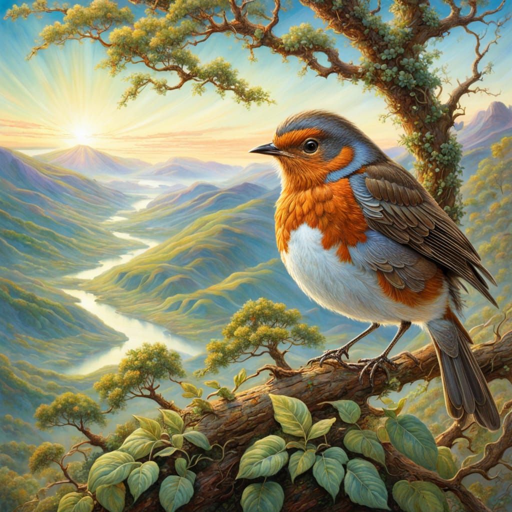 Robin on Branch Over Gentle Hills, Detailed Concept Art