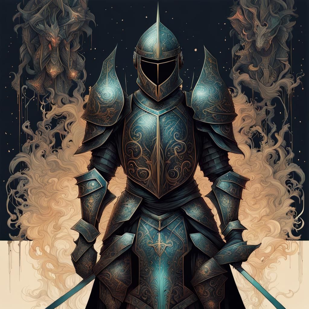 Energy Knight in Black Armor Digital Painting