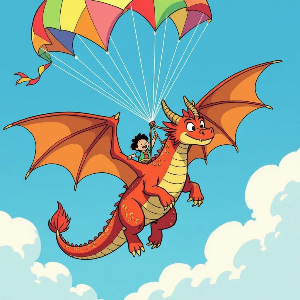 Dragon Tangled in Kite String, Comically Tumbling
