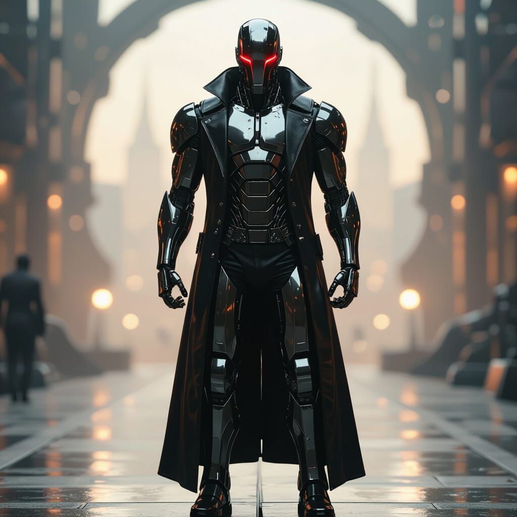 Robot Villain in Reflective Armor, Gritty Sci-Fi Style