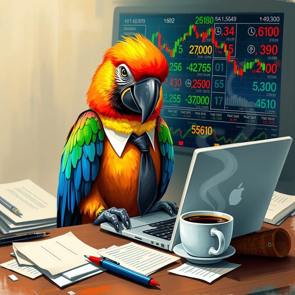 Parrot Investor Studies Stock Market in Whimsical Style