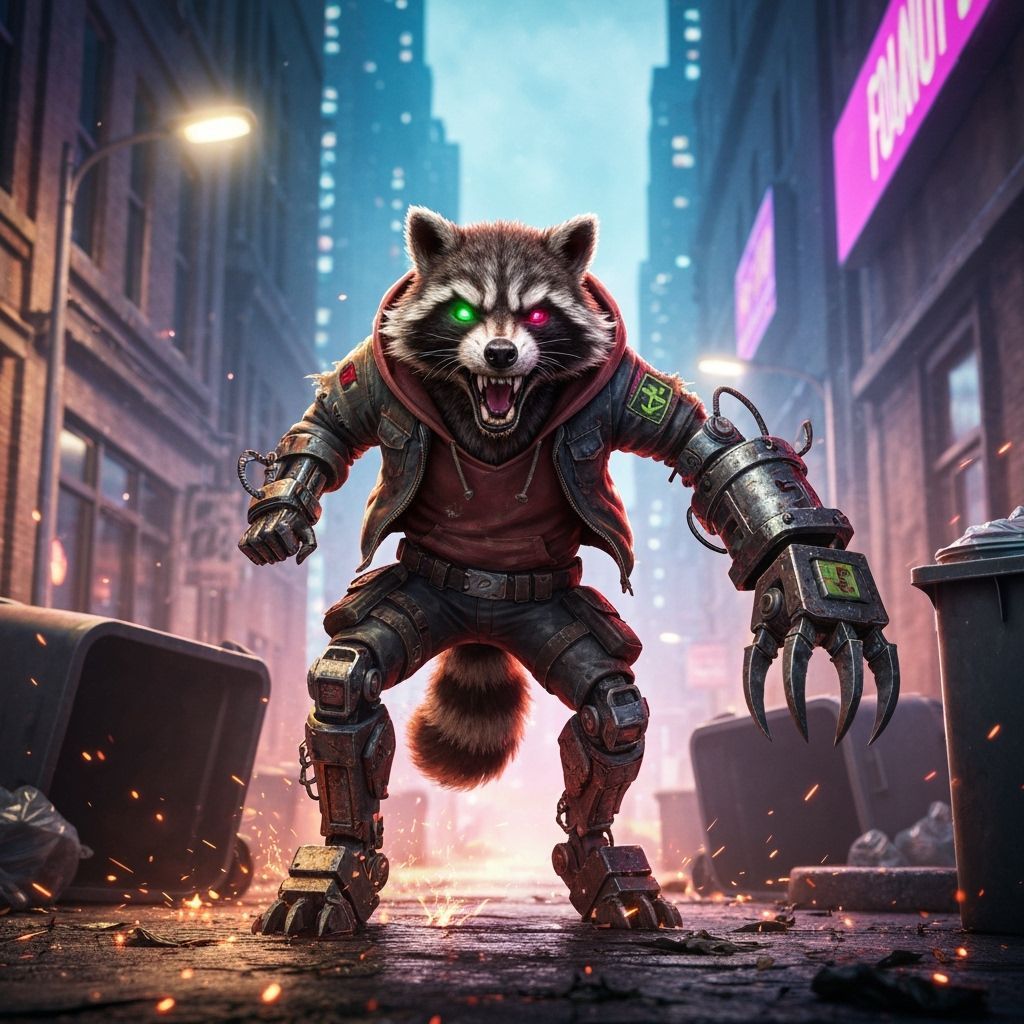 Raccoon Mech Warrior in Neon Alley Fight