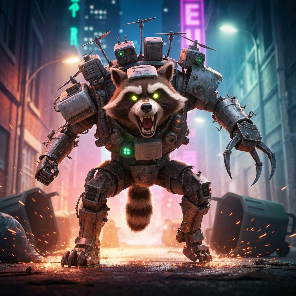 Trashpunk Raccoon Mech Warrior in Neon Alley