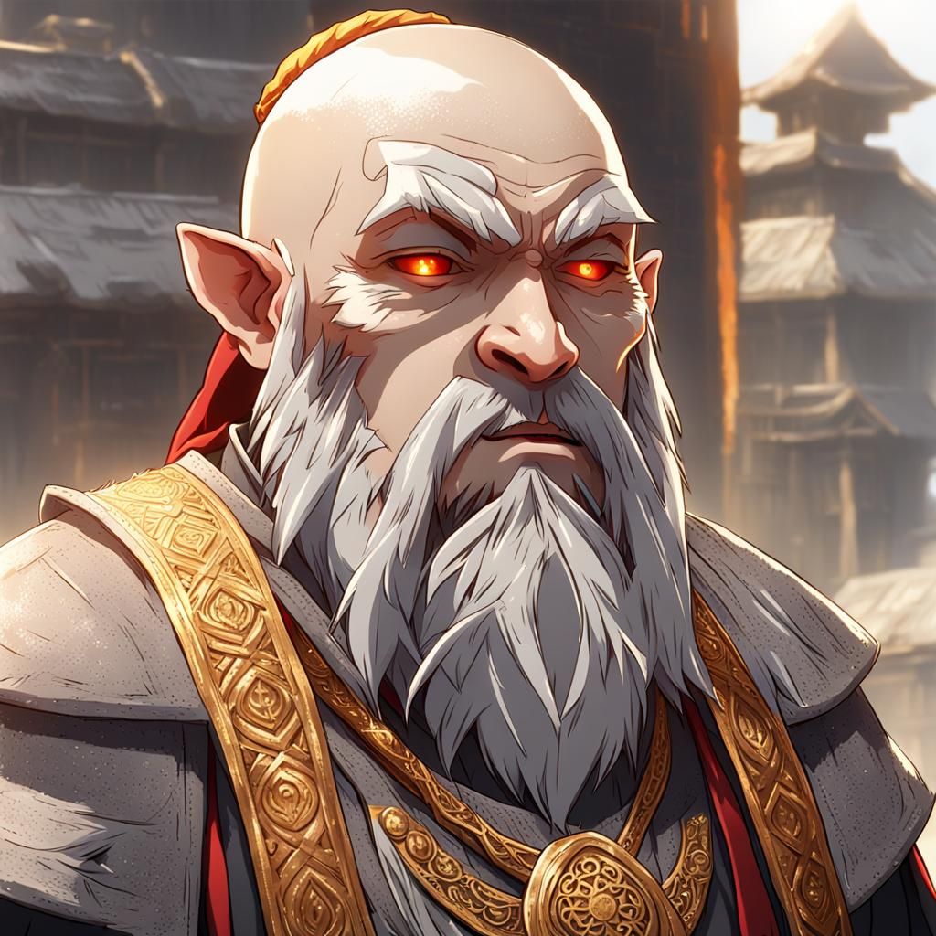 Epic Anime Bald Dwarf Monk with Red Beard