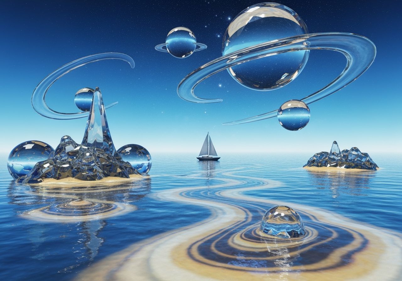 Crystal Glass-Scape of Swirling Planets and Cosmic Sky