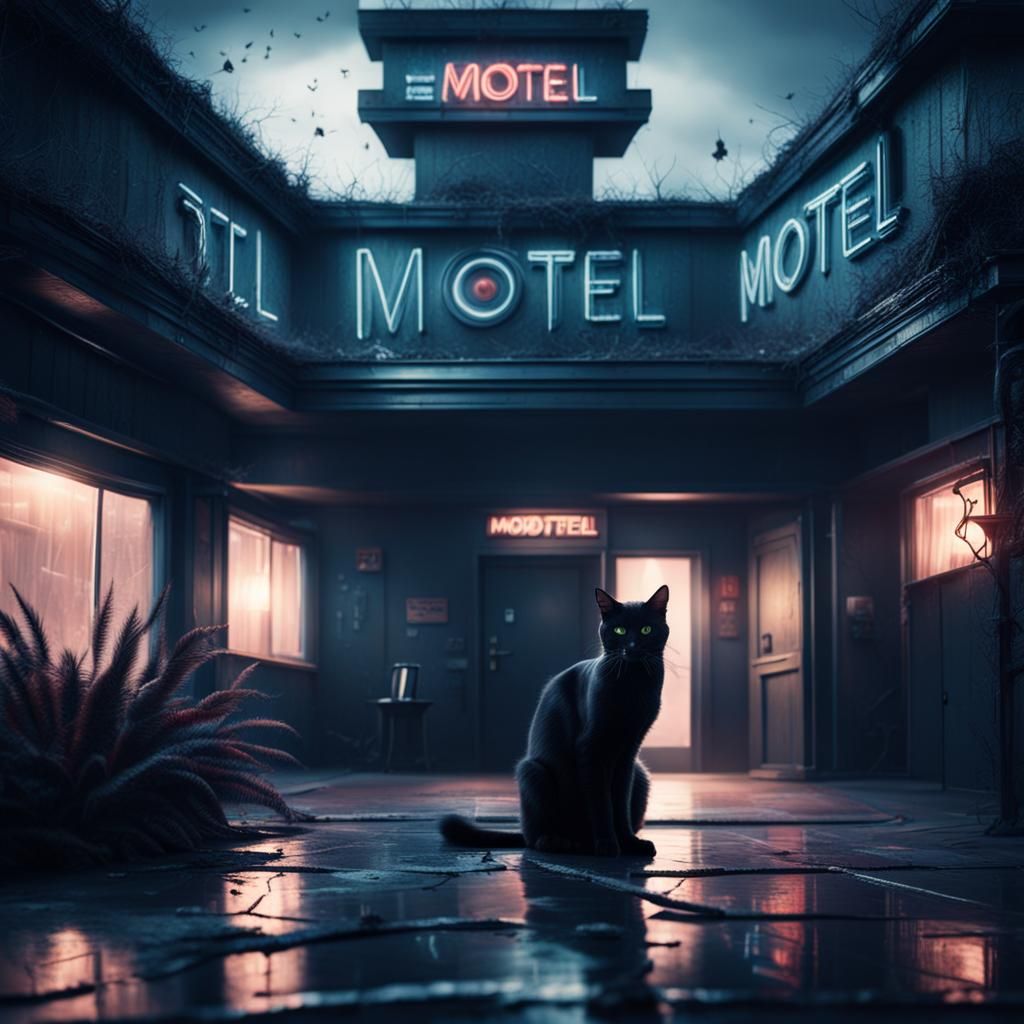 Black Cat Explores Creepy Motel in Dark Mood