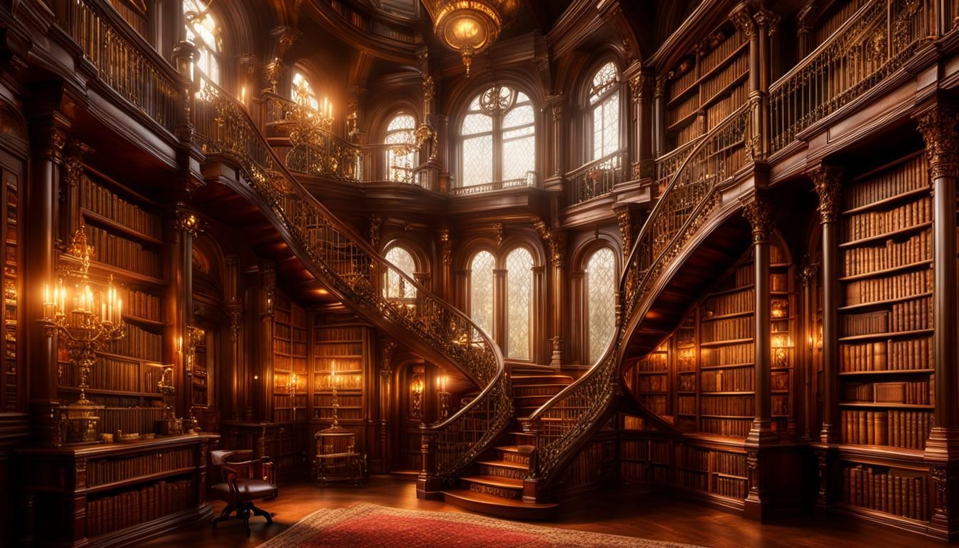 Steampunk Victorian Library with Helix Stairs