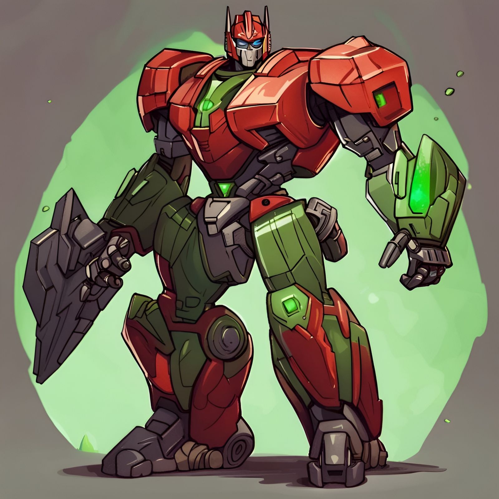 Mechanical Knight in Red Armor with Green Stone