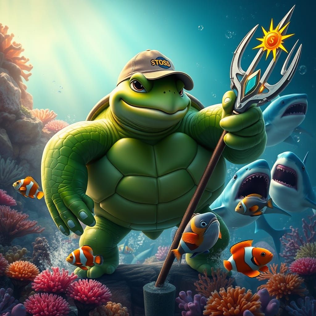 Vibrant Coral Reef Hero: A Majestic Green Sea Turtle Defends...