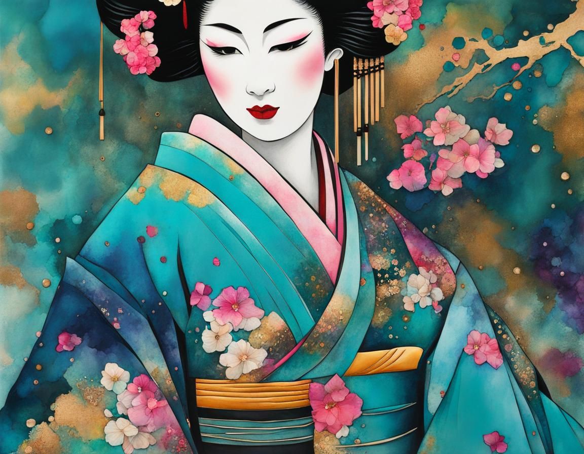 Geisha in Alcohol Ink Kimono: Abstract Art Portrait