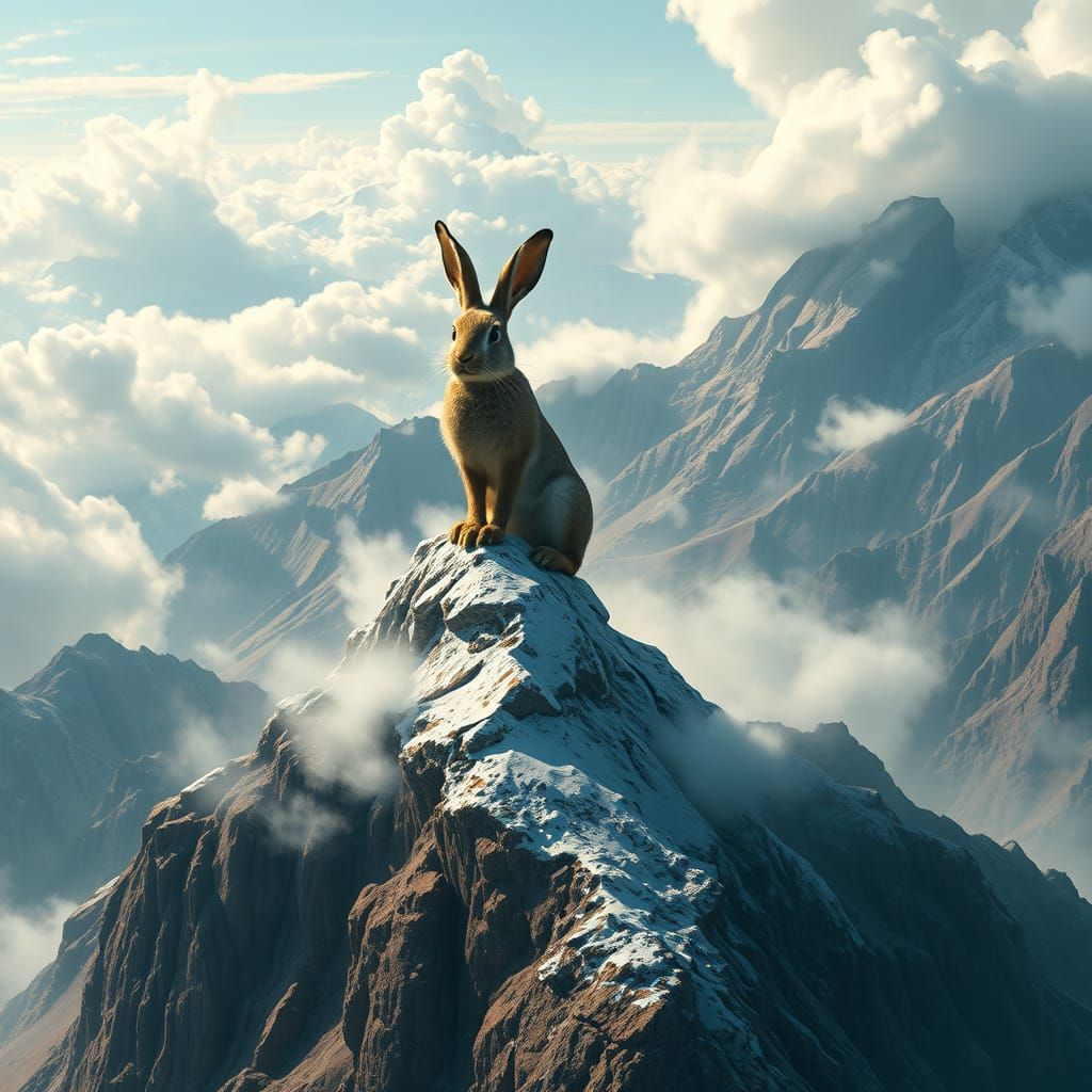 Majestic Rabbit Atop a Snowy Mountain in Dreamlike Fantasy