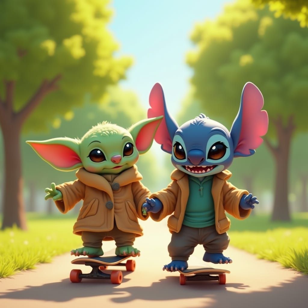 Baby Yoda and Stitch Skateboarding in Sunny Park
