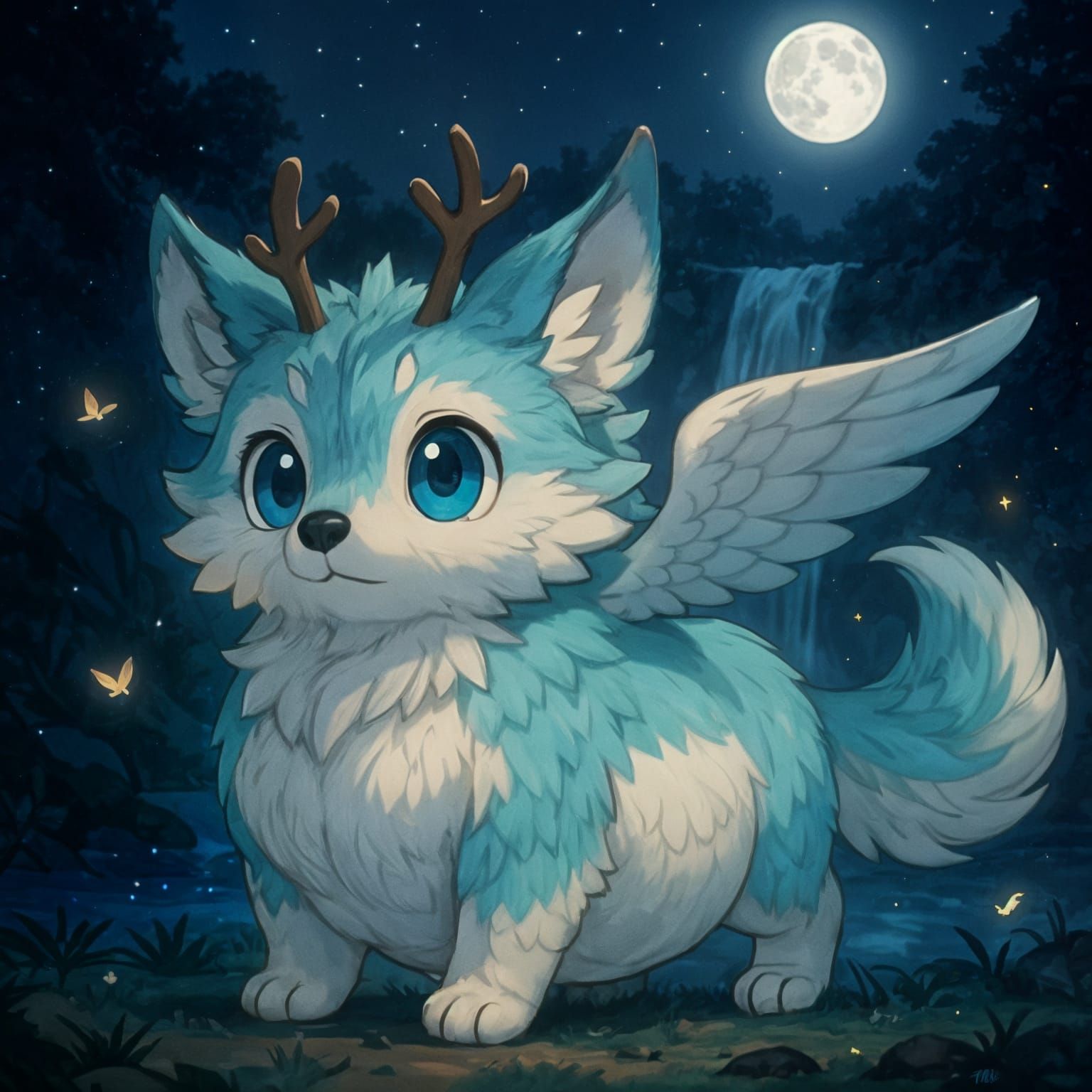 Cute Chubby Wolf Dragon Deer by Waterfall