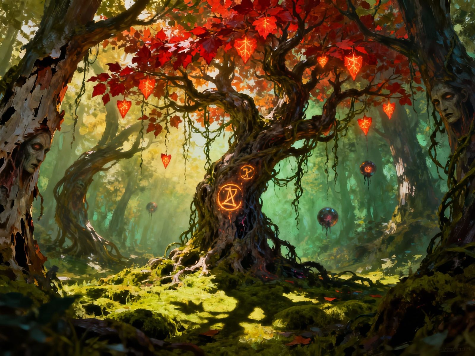 Magical Tree of Life in Forest as Impasto Painting