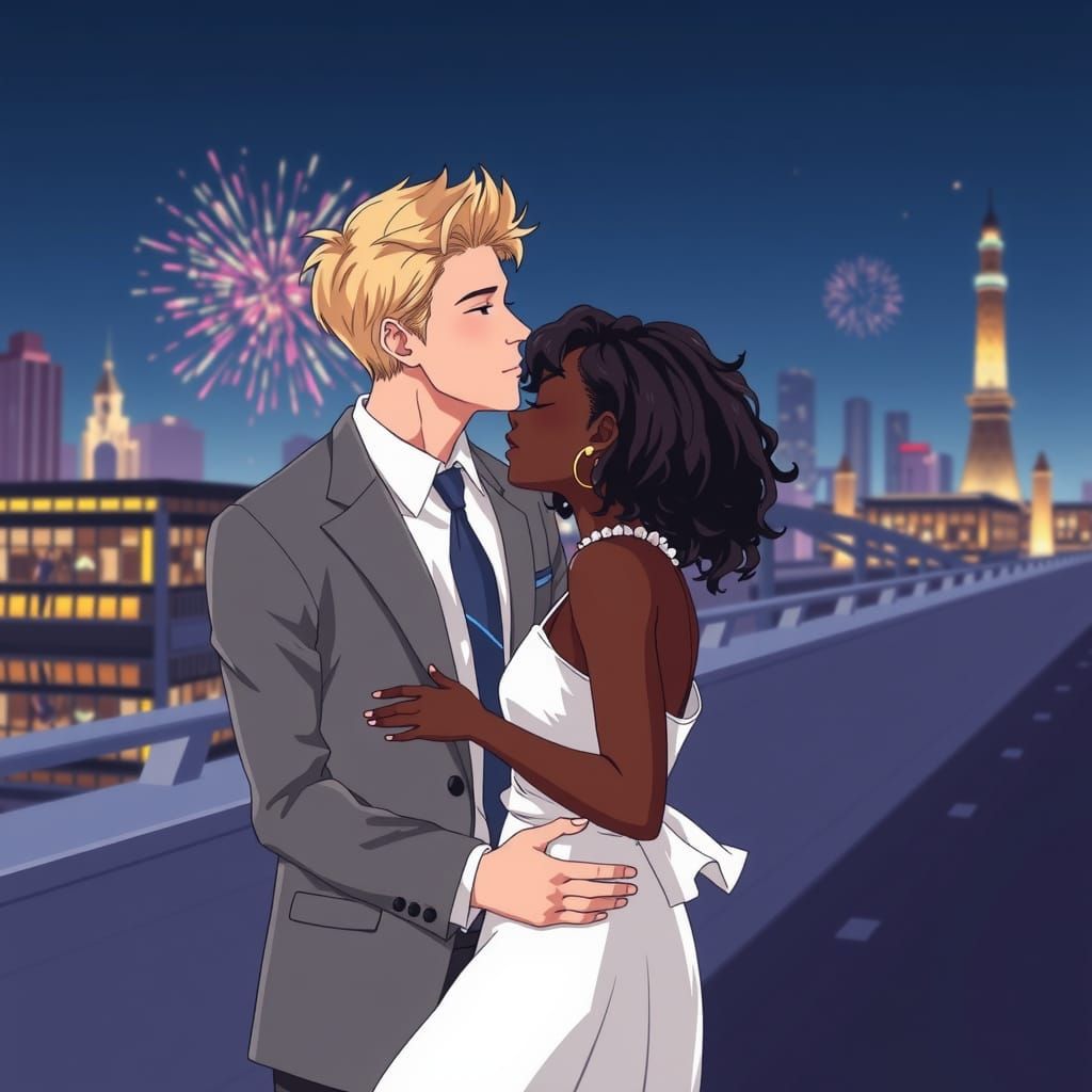 Romantic Kiss on City Bridge in Anime Style