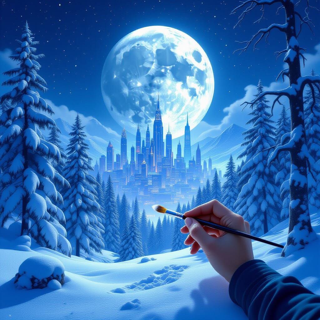 Surreal Snowy Forest With Moon City and Giant Trees