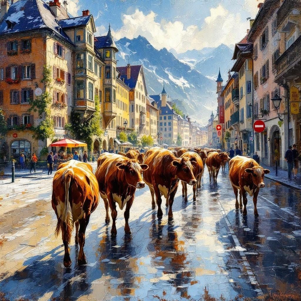 Swiss Alps Cows in Encrustique Impressionist Style