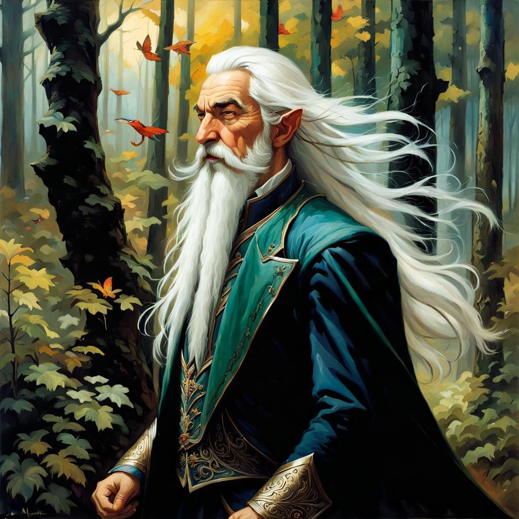 Magnificent Elf in Forest, Oil Painting Style
