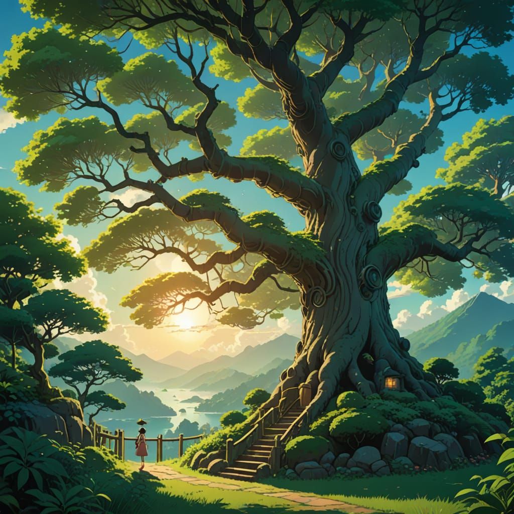 Enchanted Forest Tree in Vibrant Anime Style
