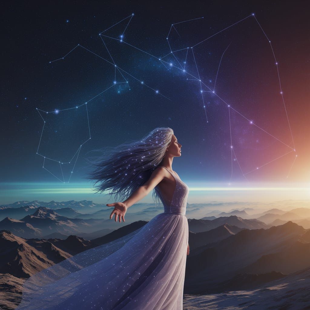 Starlit Woman Embracing Mountain Peak: Digital Painting
