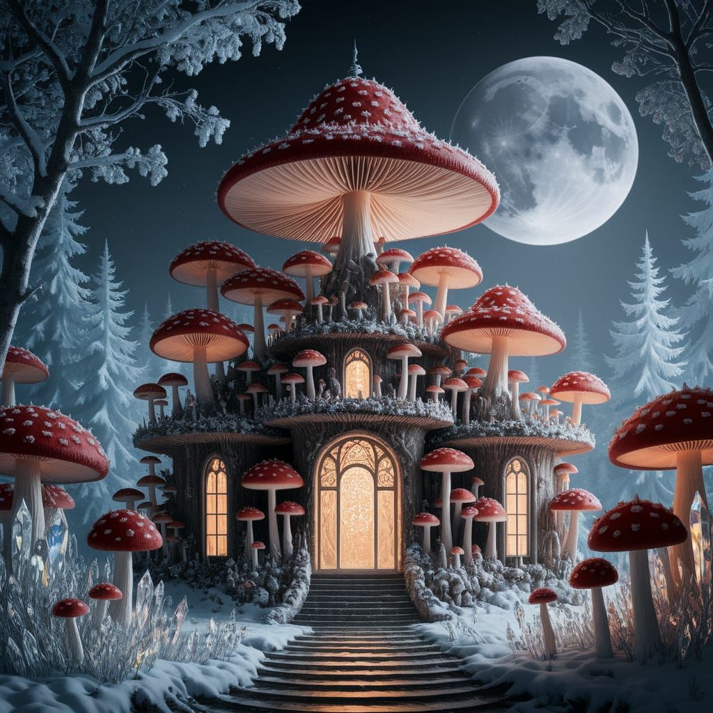 Ethereal Mushroom Palace Under Moonlight
