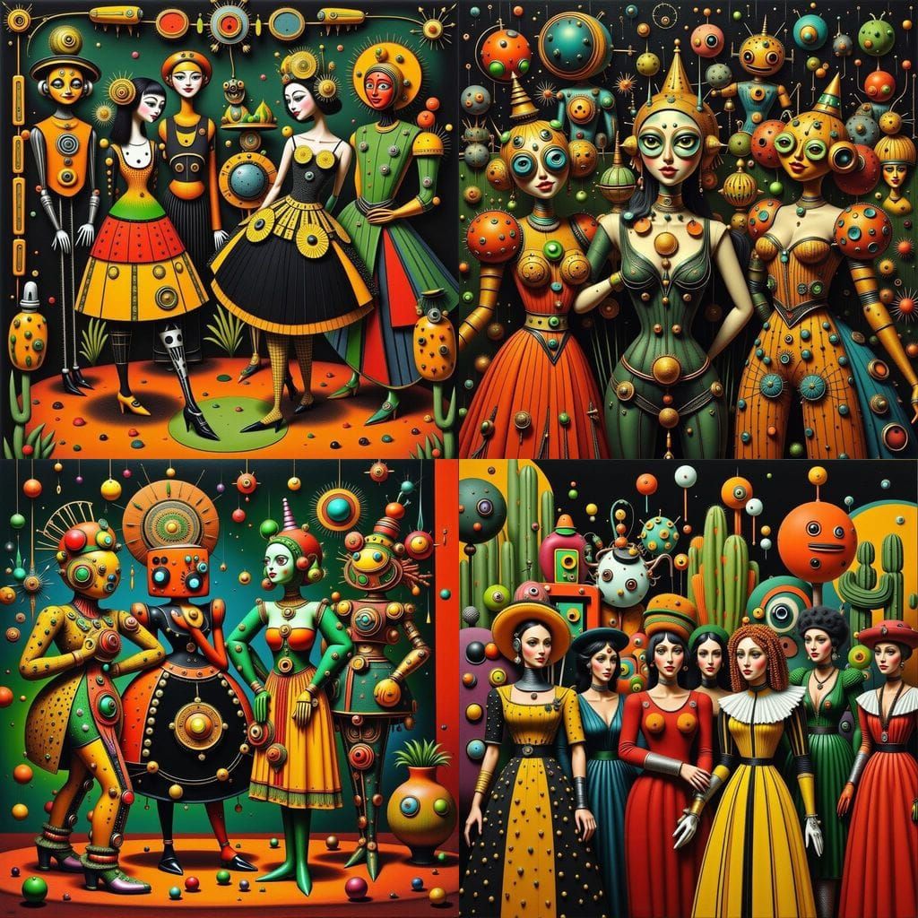 Steampunk Women and Robots Dance in a Vibrant Art Deco Extra...