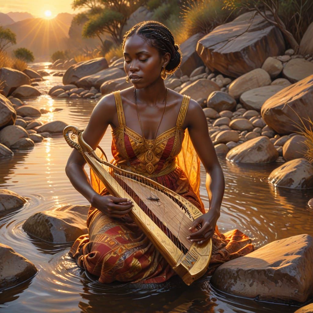 Young African Woman Plays Harp, Vibrant Oil Painting