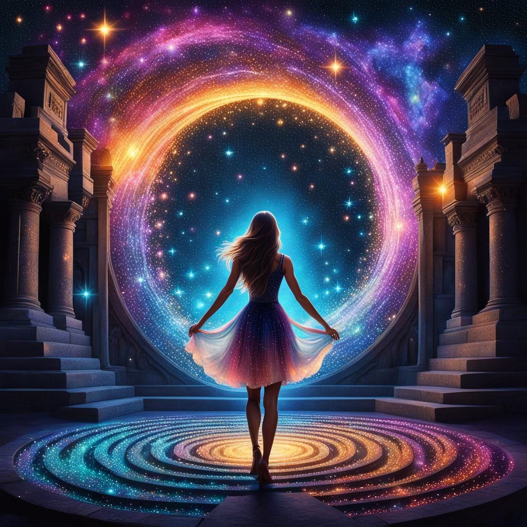Ethereal Girl in Starlit Labyrinth Dreamscape