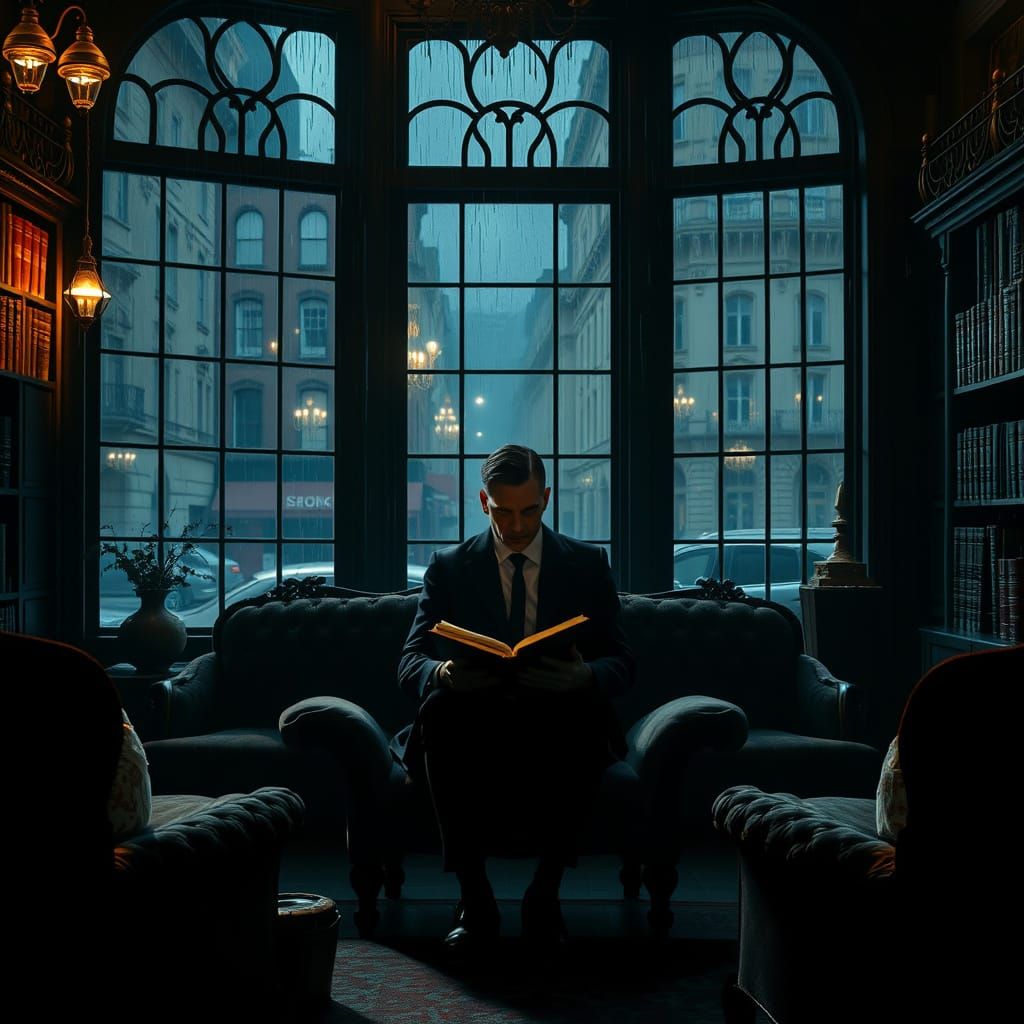 Opulent Library Scene with Figure in Photorealistic Style