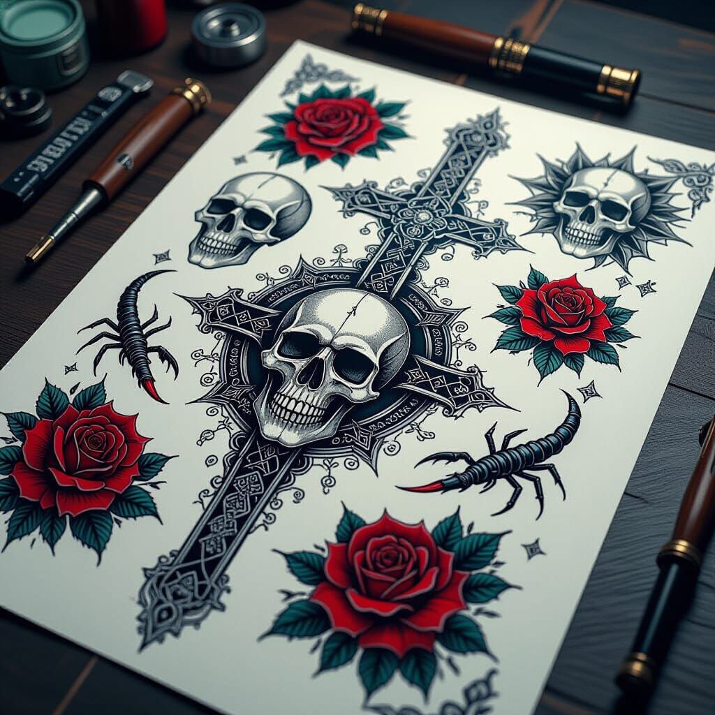 Sci-Fi Tattoo Sheet with Skulls and Roses