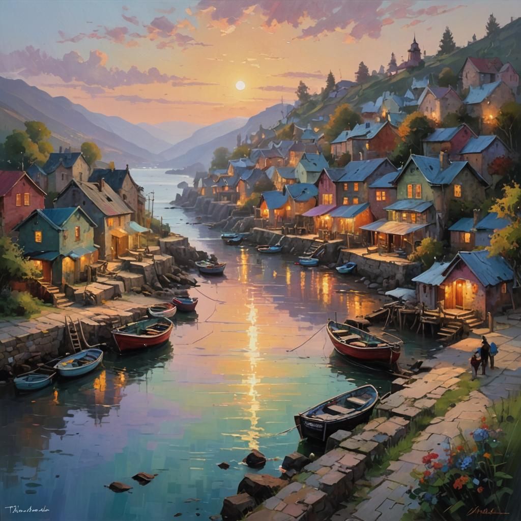 Picturesque Fishing Village at Dawn in Pastel Colors