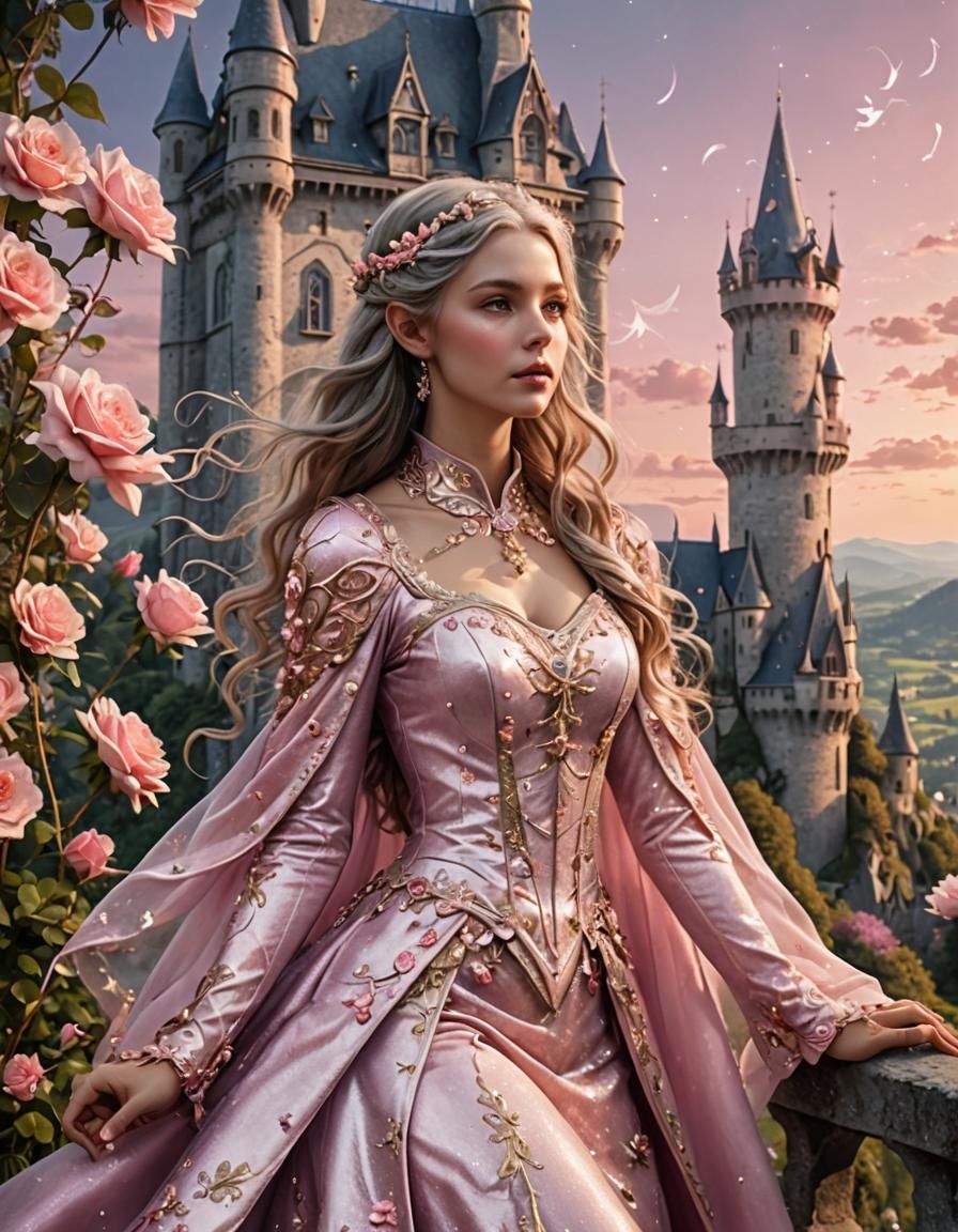 Elegant Ivory Elf with Silver Hair in Rose Garden