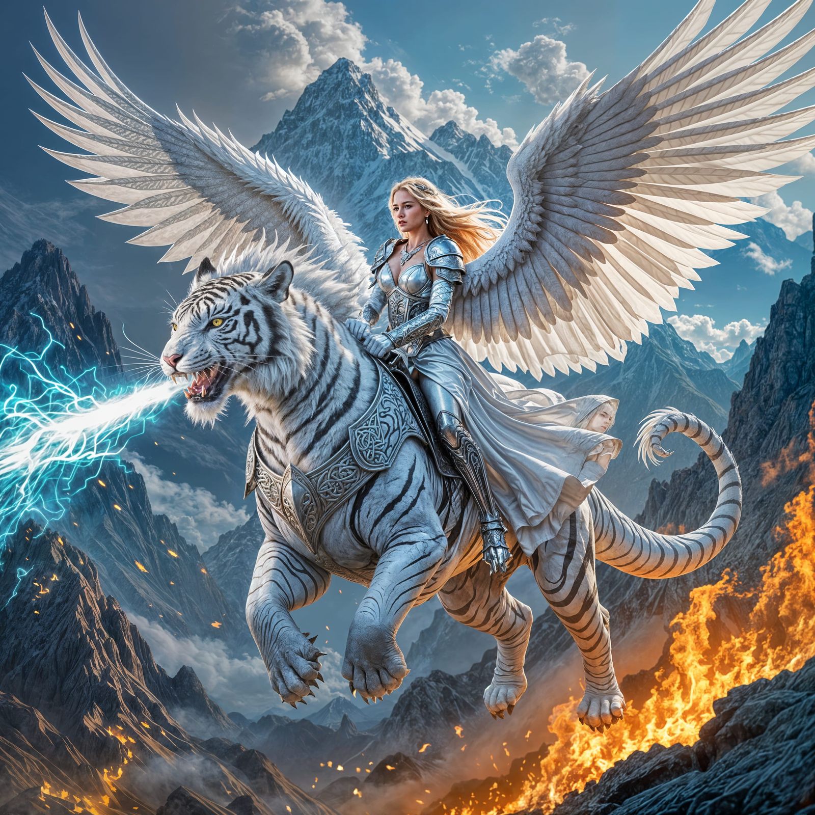 Epic Celtic Dragon Soars Above Fiery Peaks with Warrior Prin...