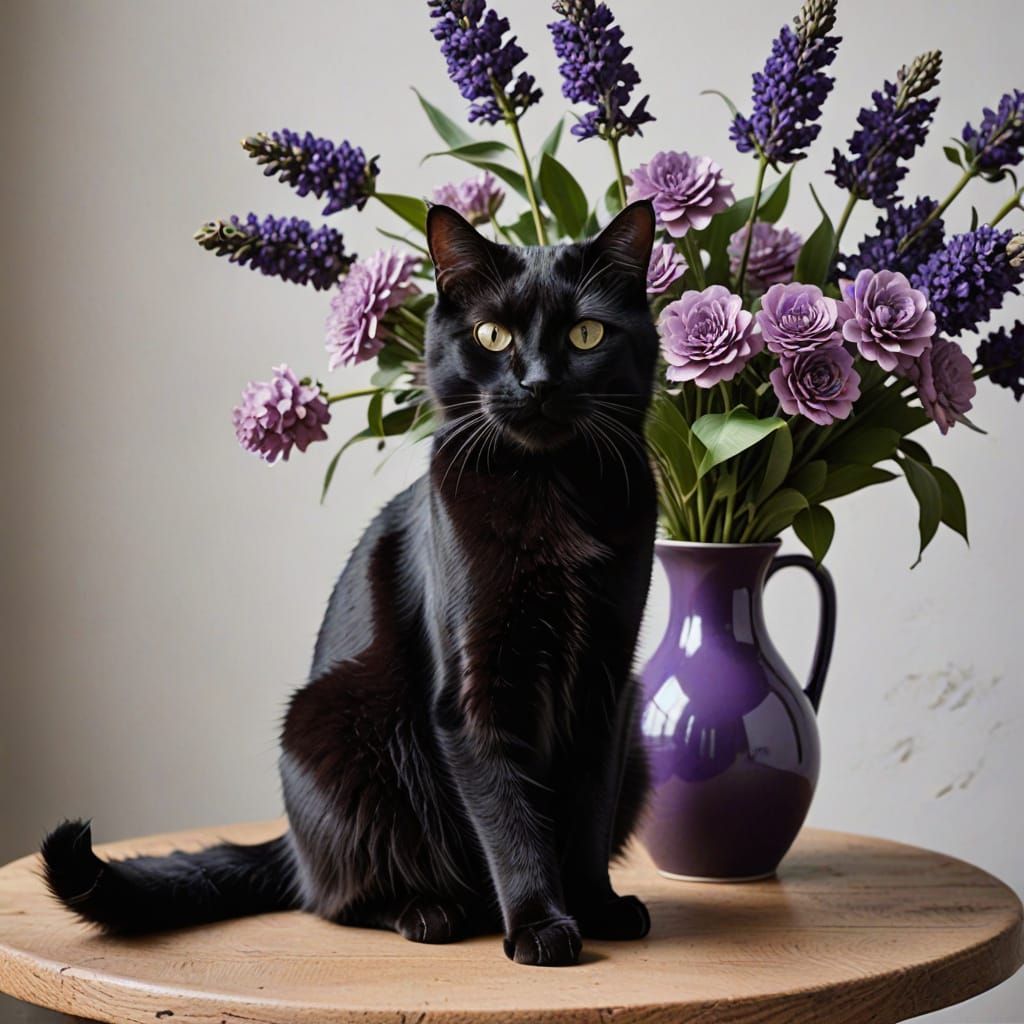 Black Cat Swatting Vase of Flowers