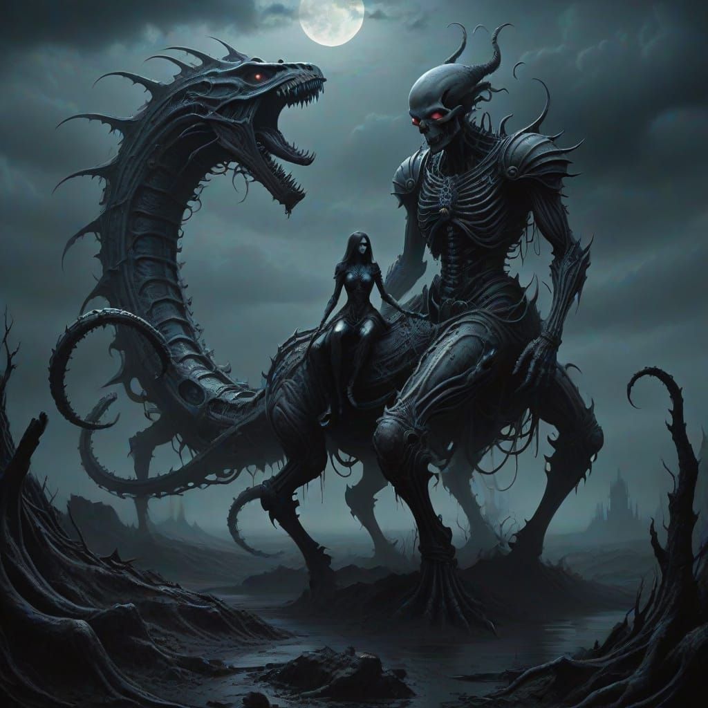 Dark Fantasy Rider in a Twisted, Moonlit Landscape