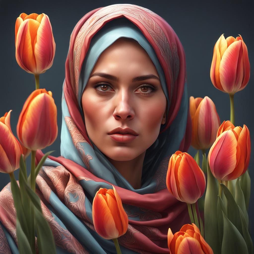 Woman with Tulips: Hyperdetailed Digital Art Portrait